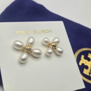 NEW Tory Burch Faux Pearl Gold Clover Earrings Statement Feminine Gift Classic